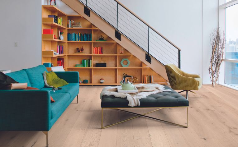 hardwood flooring in colorful open concept modern living room